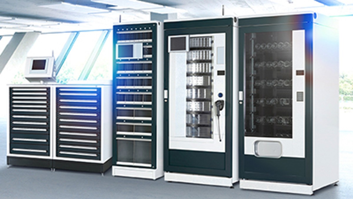 A filled tool dispensing cabinet. A filled tool dispensing cabinet.