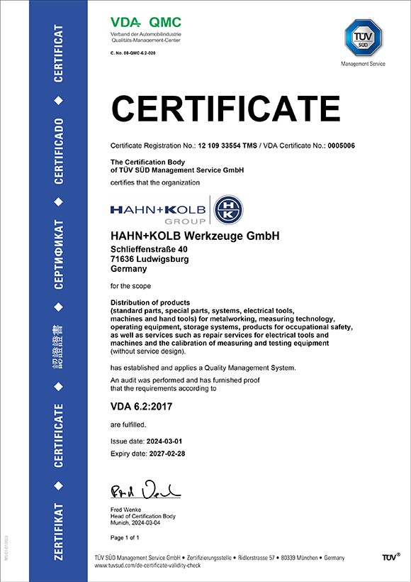 HAHN+KOLB's VDA 6.2 certificate. HAHN+KOLB's VDA 6.2 certificate.
